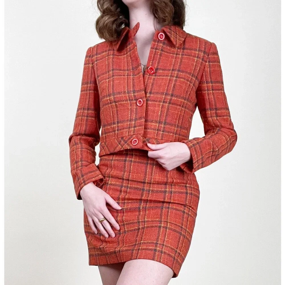 Vintage Matching Set Plaid Wool Mini Skirt Cropped Blazer Jacket Coat Clueless - Picture 4 of 9